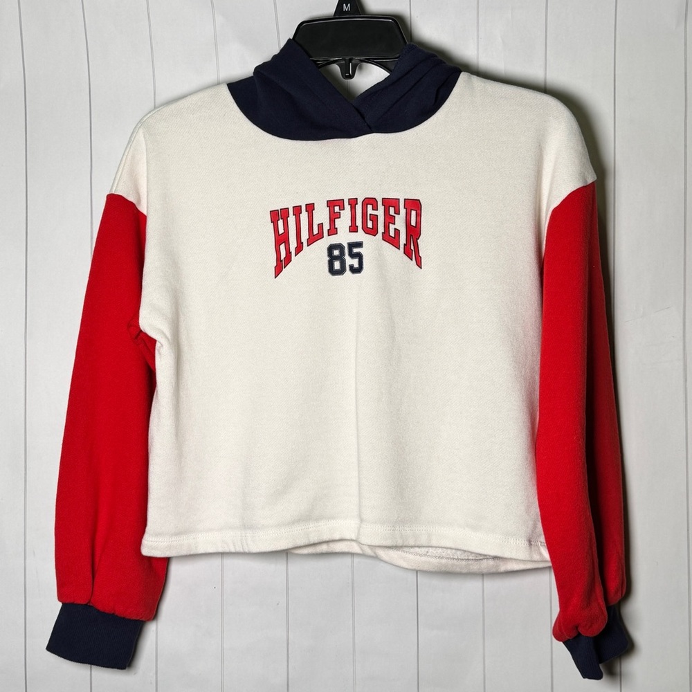 Tommy Hilfiger Patriotic Colorblock Cropped Hoodie Sporty Streetwear Y2K Look L